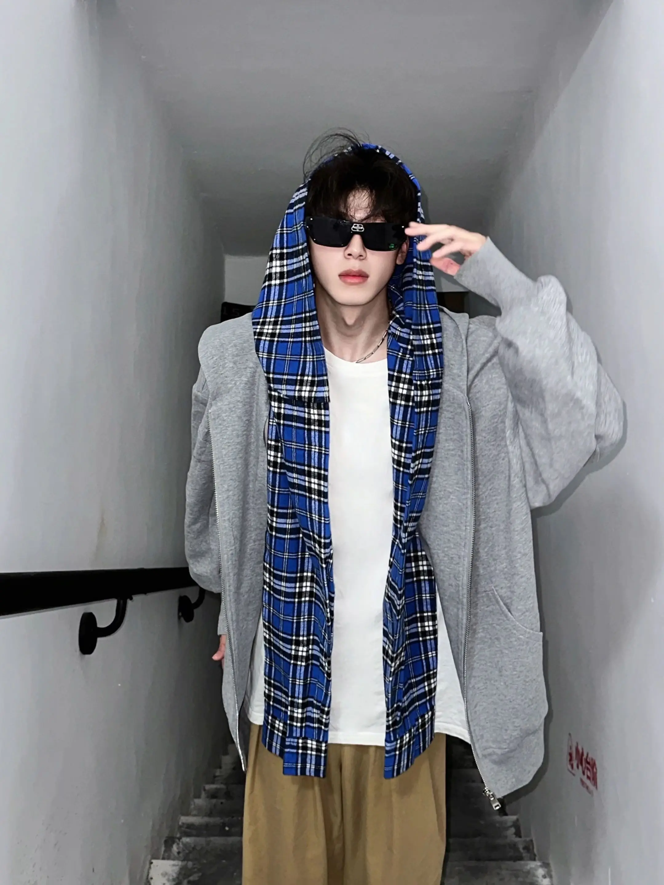 

Trendy American Plaid Splicing Hoodie Jaet Men's Spring Autumn Open Cardigan irt Casual Loose Fit Youth ular Cotton Po...