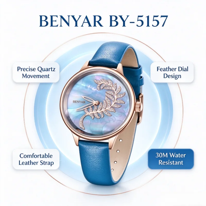 BENYAR BY-5157 Ladies Luxury Watch, Diamond Feather Floral Moon Phase Mother of Pearl Dial, 30M Water Resistant Wristwatch