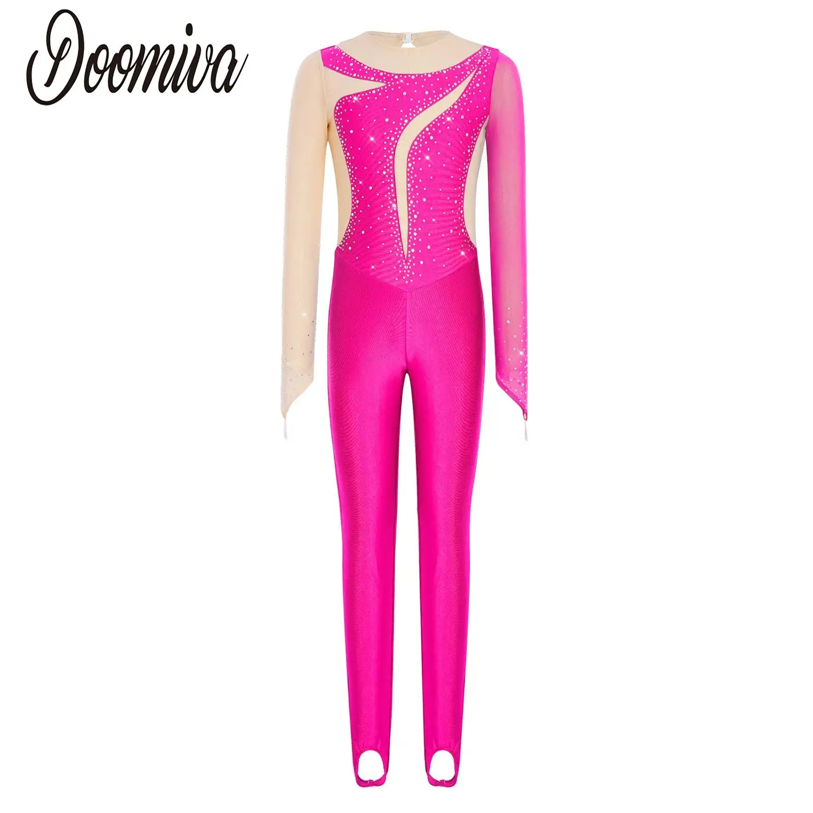 

Kids Girls Unitard Full Body One-piece Jersey Figure Ice Skating Jumpsuit Long Sleeve Rhinestones Gymnastics Leotard Dancewear