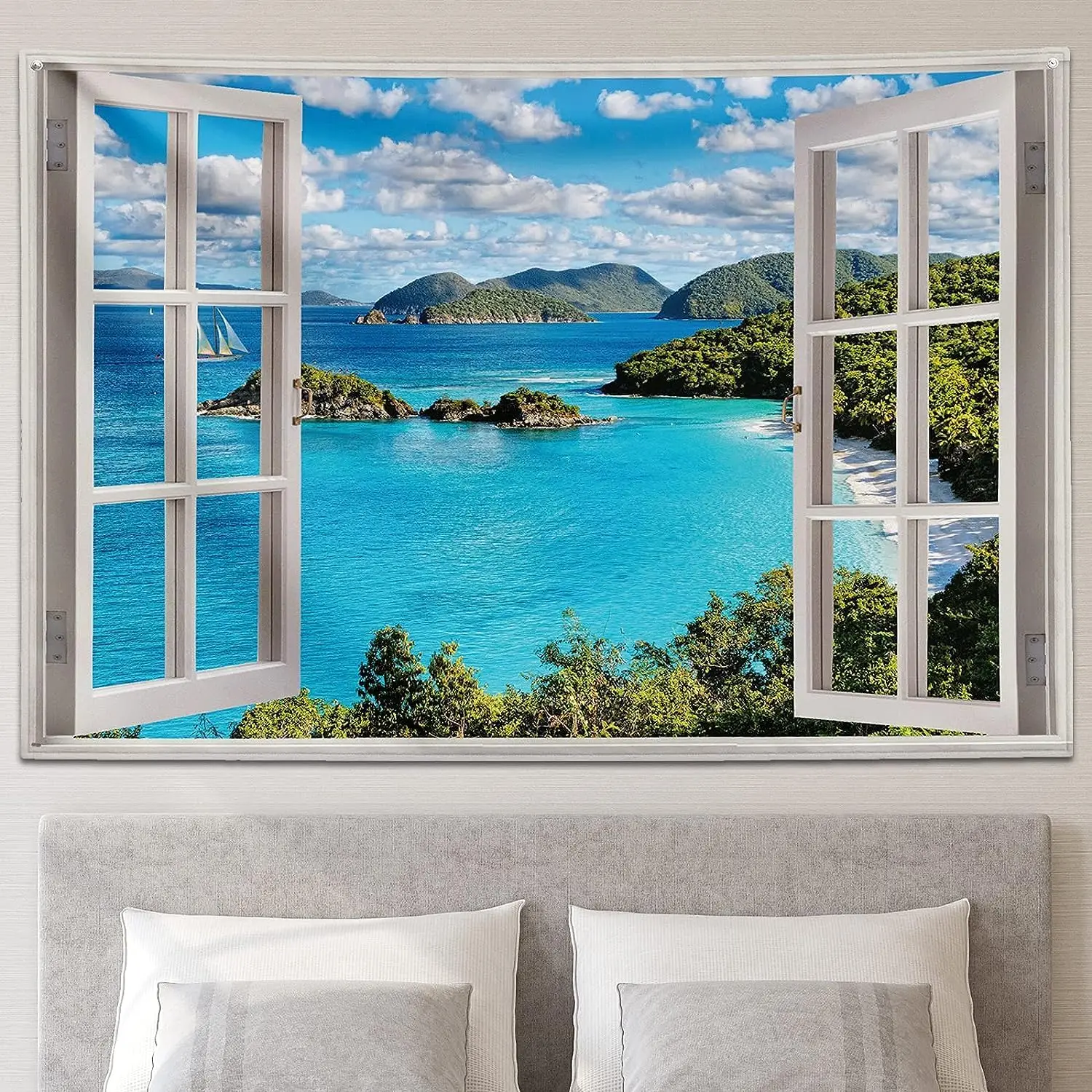 Tropical Beach Window Tapestry – Blue Sea, Coconut Palms & Summer Island View for Bedroom or Living Room Decor
