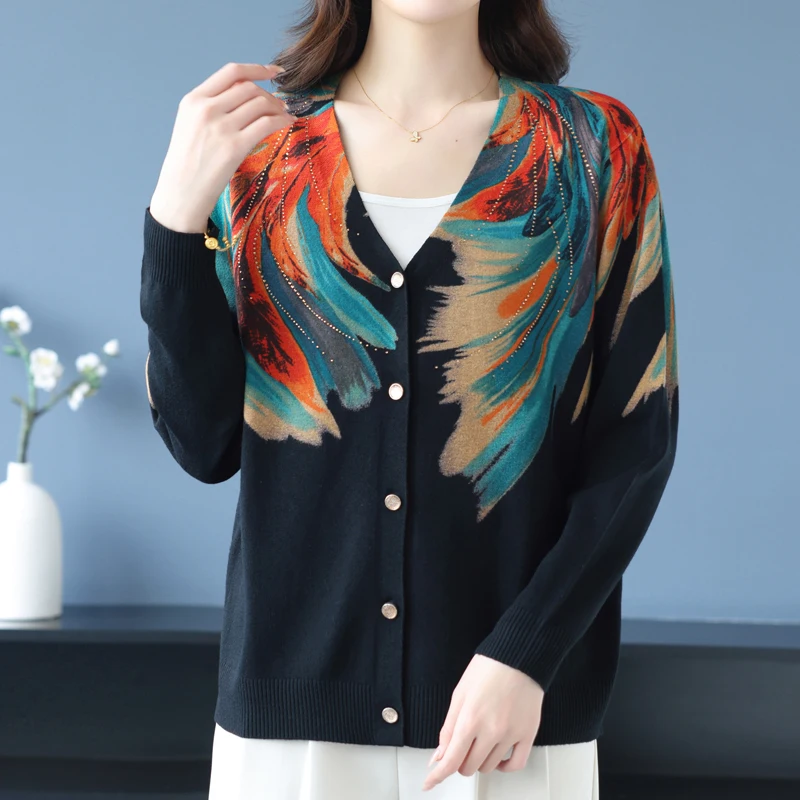 

Geometry Print Sweater For Women New Autumn High Quality Print Woman Sweaters Cardigan Knitwear Single-breasted Soft Cardigans