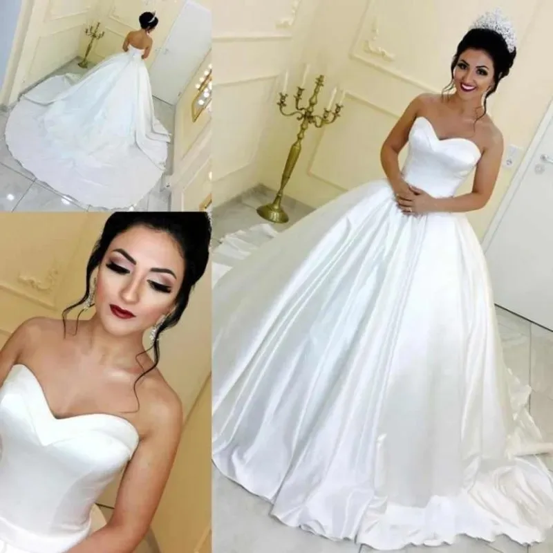 

Simple Arabic A Line Wedding Dresses Sweetheart Sleeveless Satin Court Train Bridal Gowns Button Back Plus Size Formal Bride