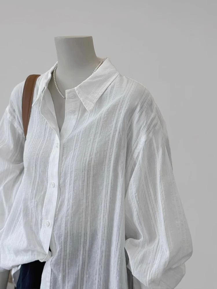 Recommended! Summer Thin Long Sleeve Loose Casual Sun Protection Shirt Women's White Stripe See-through Breathable Top