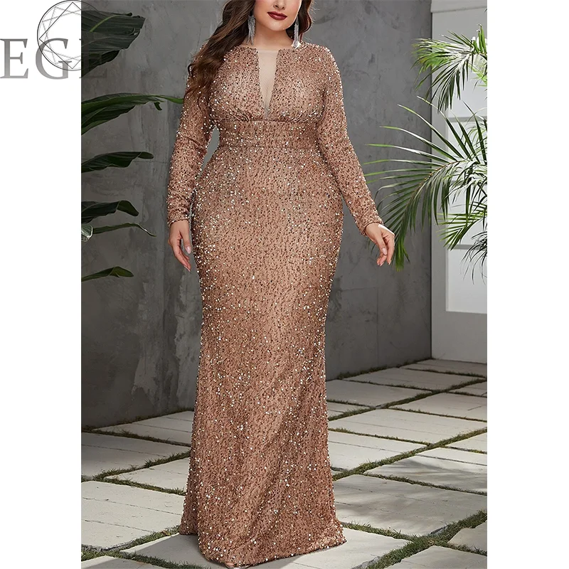 Plus Size Sequins V Neck Long Sleeves Luxury 4XL 5XL Maxi Dress Wedding Banquet Party Mermaid Ladies Plus Size Dresses 2024