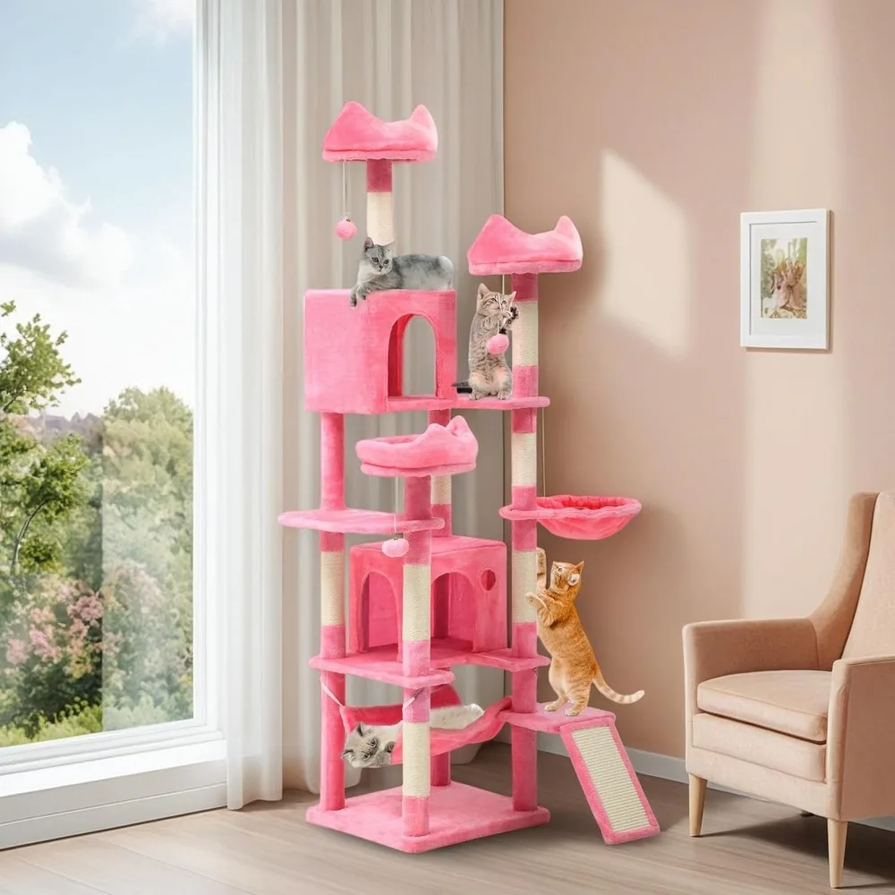 

75-Inch Tall Cat Tree Indoor: Multi-Level Kitten Tower with Kitty Condos, Top Perches, Sisal Ramp, Scratching Posts & C