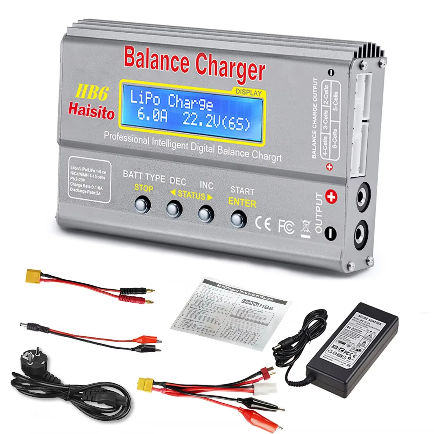 HTRC IMAX B6 80WDigital RC Balance Charger & Discharger, 1-6 Cells Multi Chemistry Battery Charger for LiPo Li-ion LiFe NiMh Ni-Cd PB, with XT60 Tamiya Cables +15V 6A AC Adapter(US Plug)