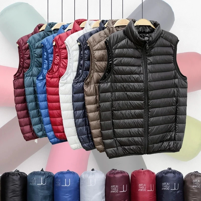 Colete Puffer sem mangas para homens, jaqueta quente, colete ultra fino, casaco de pato, ultraleve, novo, inverno