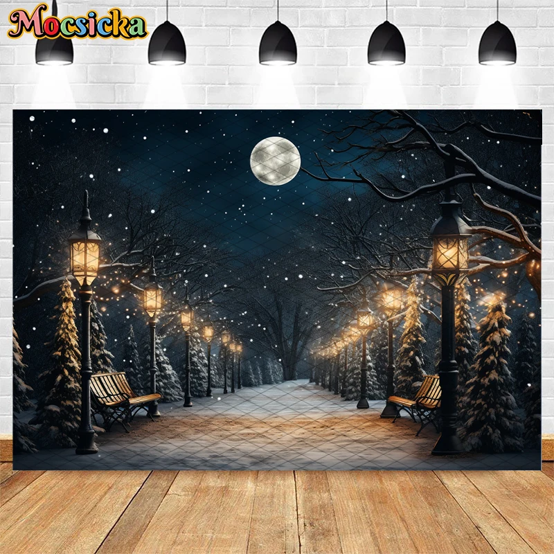 Mocsicka Snowy Forest Xmas Backdrops Kids Adult Photography Backdrops Child Baby Big Moon Christmas Snowflake Trees Background