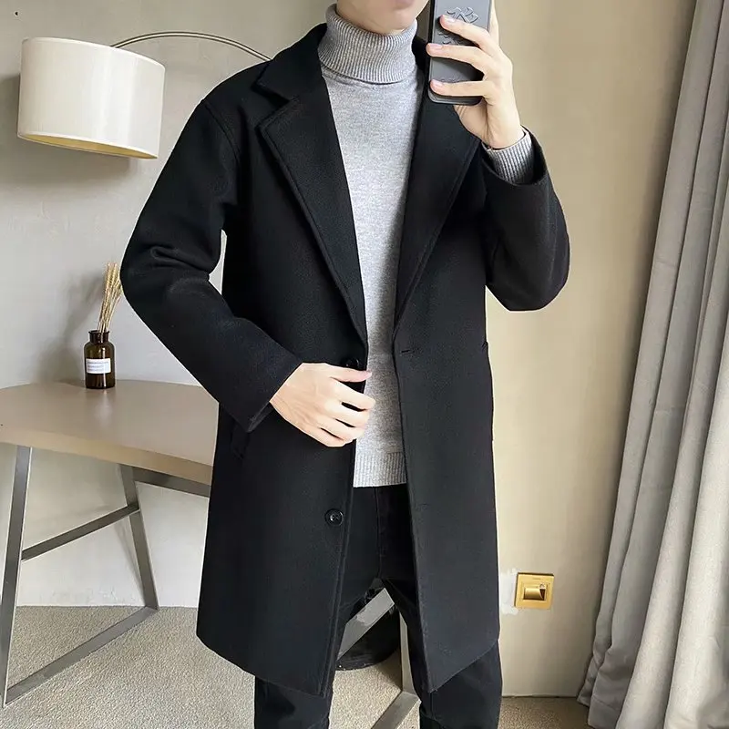 Light wind spring and autumn long woolen coat men\'s Korean version trend slim trench coat woolen coat