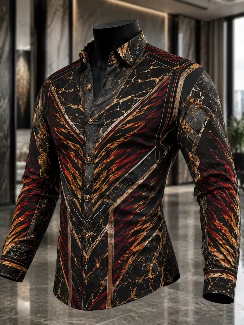 New wine red black color blocked gilded Baroque floral 3D printed shirt for men slim fit long sleeved shirt
