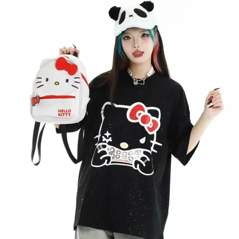 

Sanrio Hello Kitty T-Shirts Y2k Black Kawaii Cartoon Diamonds Design Tops Streetwear Summer Tees Casual O-neck Shirts For Women