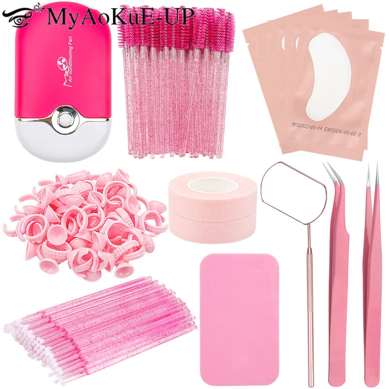 Eyelash Grafting Tool Set Lash Extension Supplies USB Eyelash Dryer Fan Eye Patch Tweezers Mirror Glue Ring Eyebrow Brush Tape