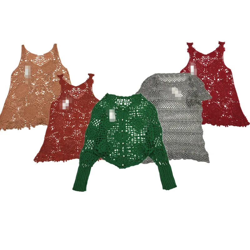 

Hanrted Embroidered Vintage Sweater Double Layer Hollow out Pure Color Luxury Floral Mixed Fiber Summer 2024 Ladies Knitwear