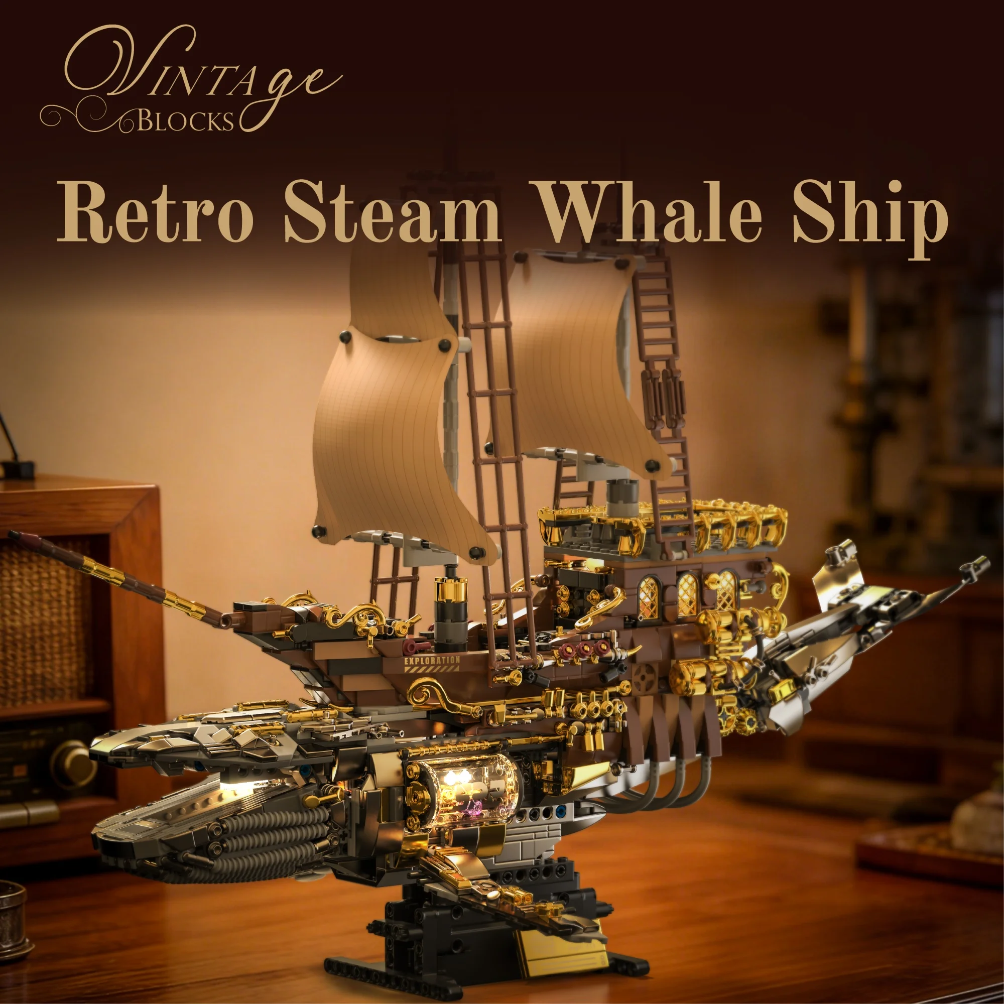 1979-teiliger Steampunk Vintage Dampfwal-Schiff Baukasten mit LED-Beleuchtung MOC Kreatives Schiffsmodell Bausteine Spielzeug für Erwachsene Geschenke