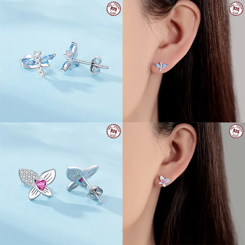 Colorful 925 Sterling Silver Gradient Color and Black Butterfly Earrings For Women's Trendy Creative Jewelry Accessories