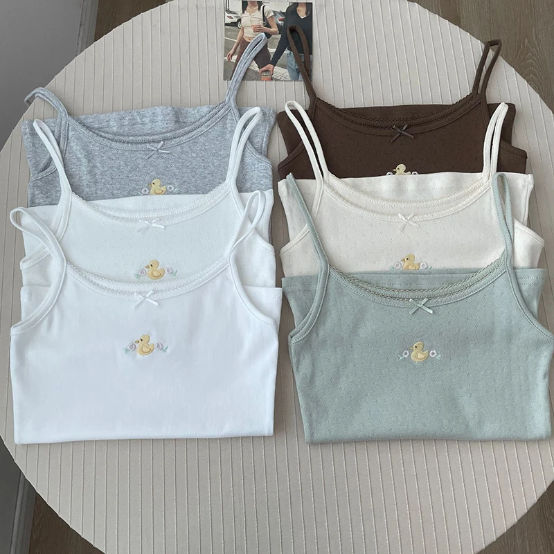 

Little Duck Embroidery Cute Crop Top Summer Bow Cotton Sleeveless Slim Tank Tops Women Preppy Style Solid Sweet Camisole Y2k