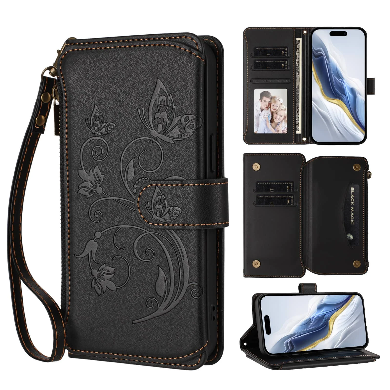 

For iPhone 16e 16 15 Pro Max 16 Plus Case, Flower Wallet Flip Case with RFID Blocking, Zipper, Card Slots, Wrist Strap Cover