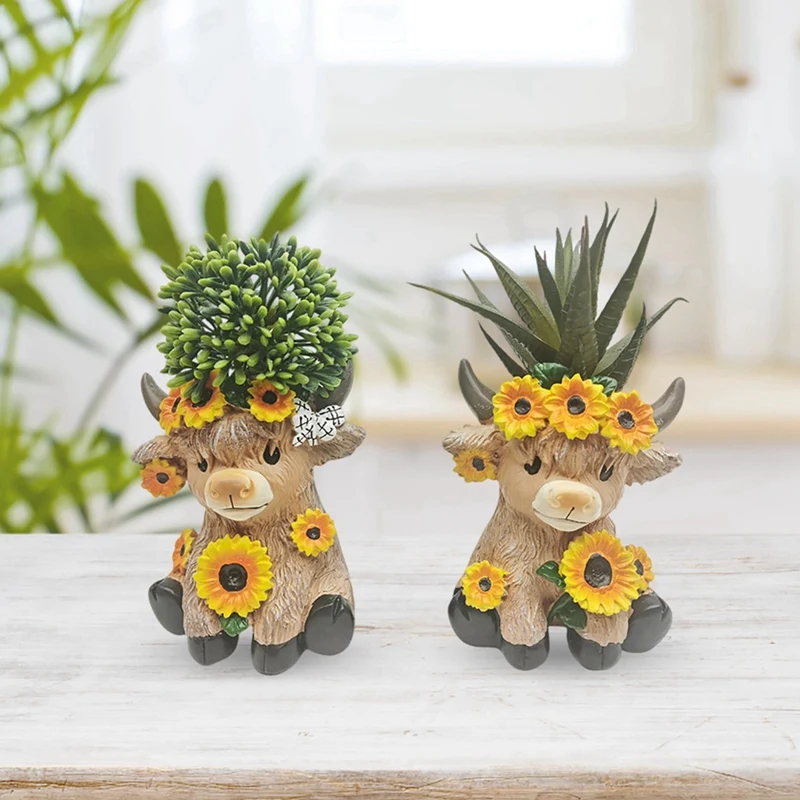 

2pcs Sunflower Highland Cow Resin Flower Pot Ornament Spring Summer Decoration Home Desktop Potted Plant Ornament Gift