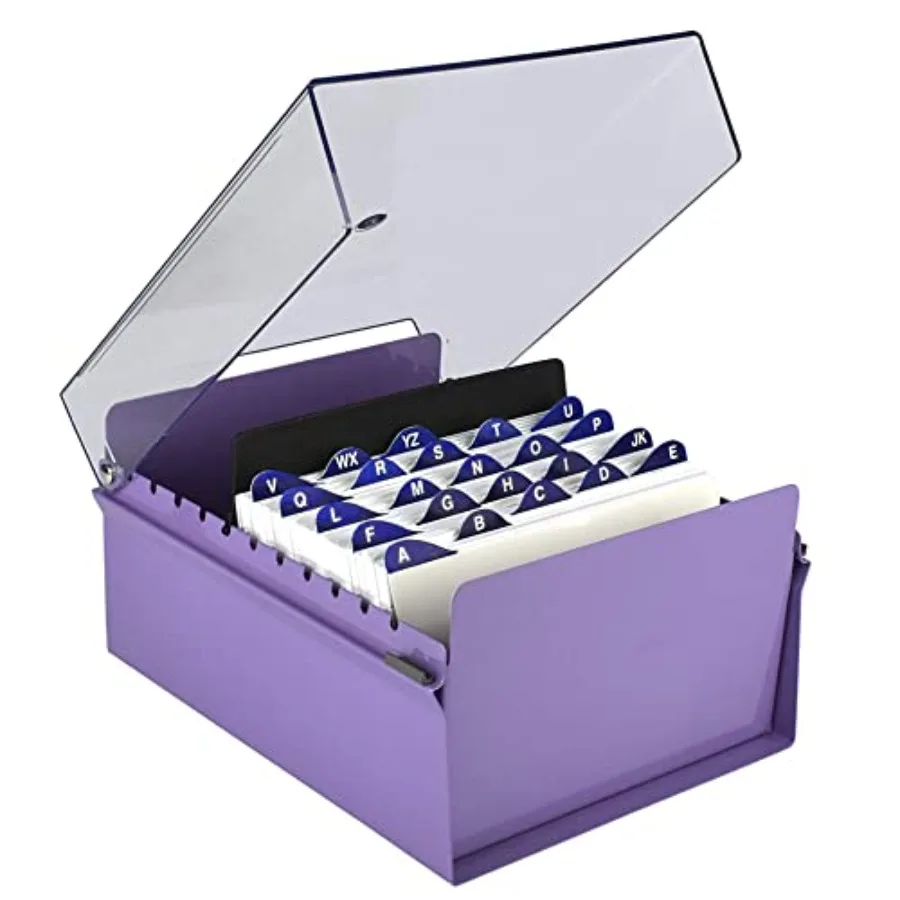 

5 X 8 Card File Holder Organizer Box Metal Base Heavy Duty AZ Index Cards and Divider Included (Purple Color with Clear Crystal