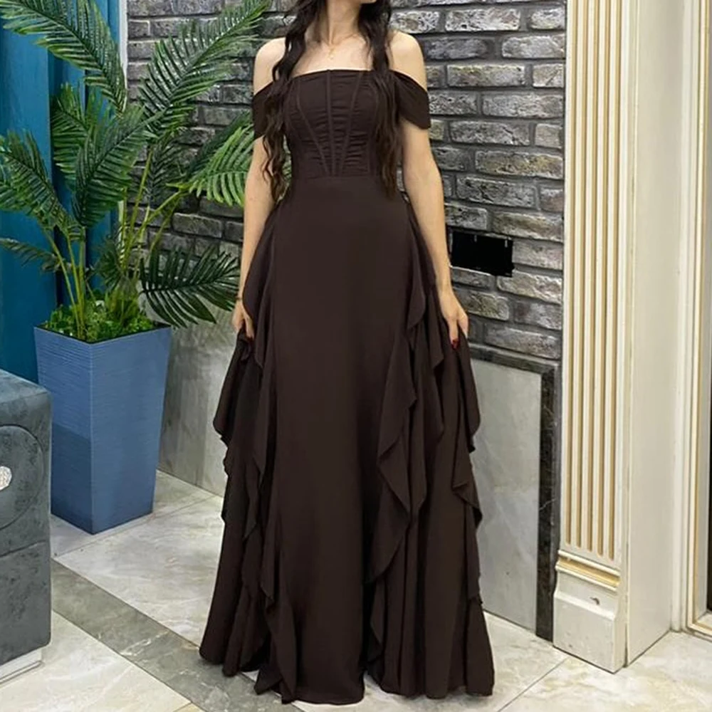 

Customized A-line Evening Dresses Floor-length Off The Shoulder Sleeveless Prom Gown Fashion Ruched Simple Draped Party Gown