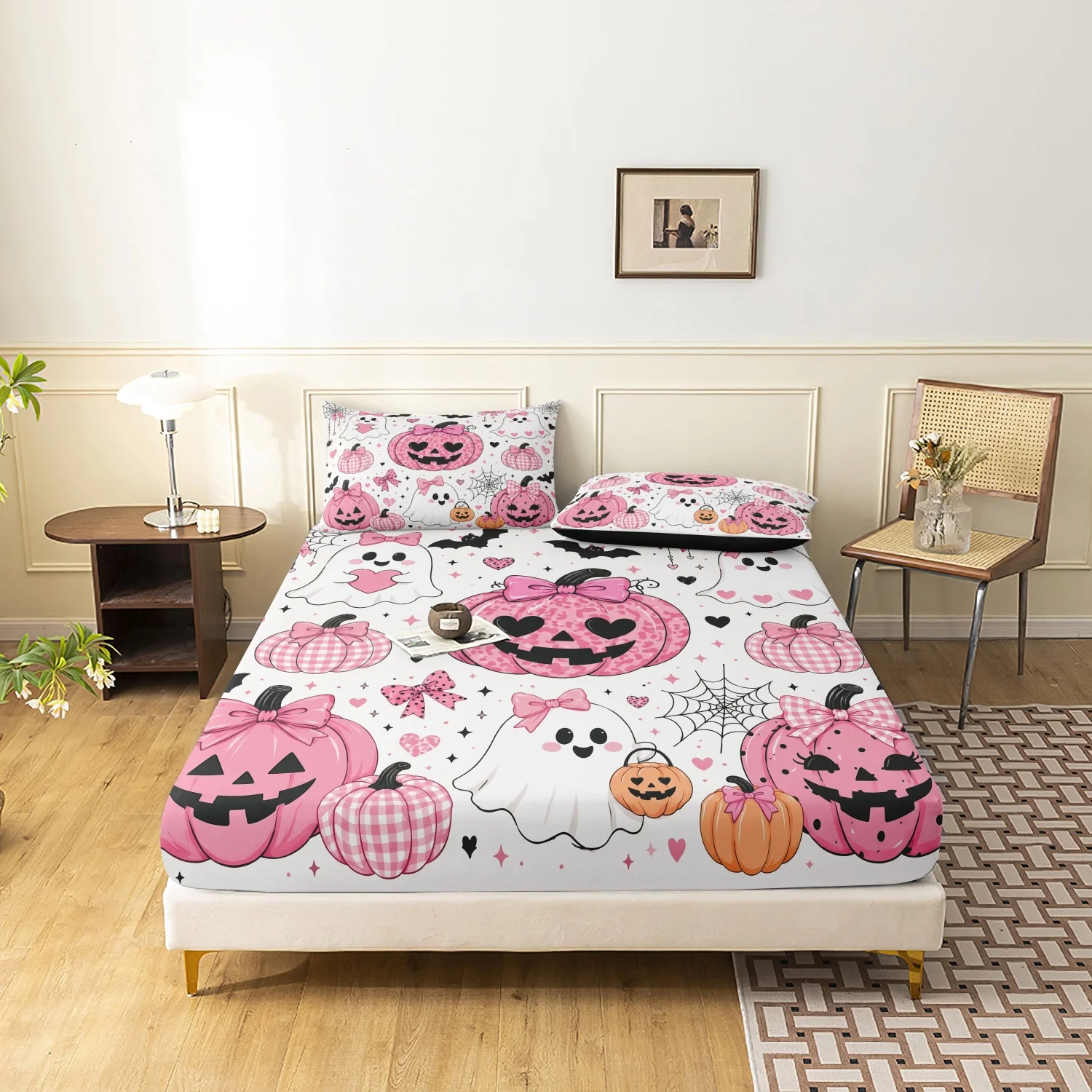  3Pcs Pink Coquette Halloween Print Duvet Cover Set, Leopard Plaid Bow Pumpkin Cute Ghost Bat All Over Printed Bedding