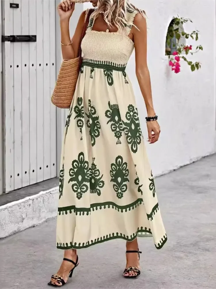 Frauen Sexy Strap Strand Urlaub Sommerkleid Sommer Mode Druck Ärmellose Elastische Brust Einfache Boho Casual Midi Kleider