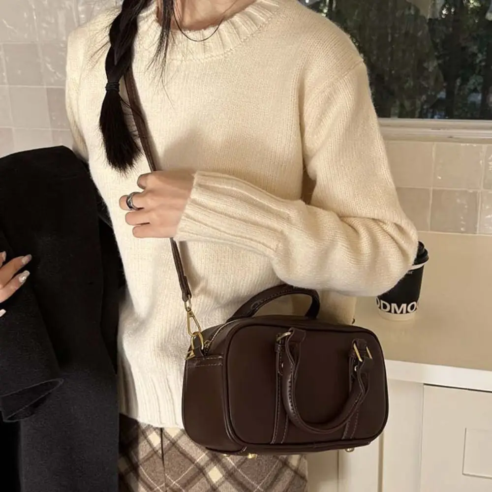 

Classic Pu Leather Bowling Shoulder Bag Vintage Elegant Boston Crossbody Bag Solid Color Korean Style Pillow Handbag Lady