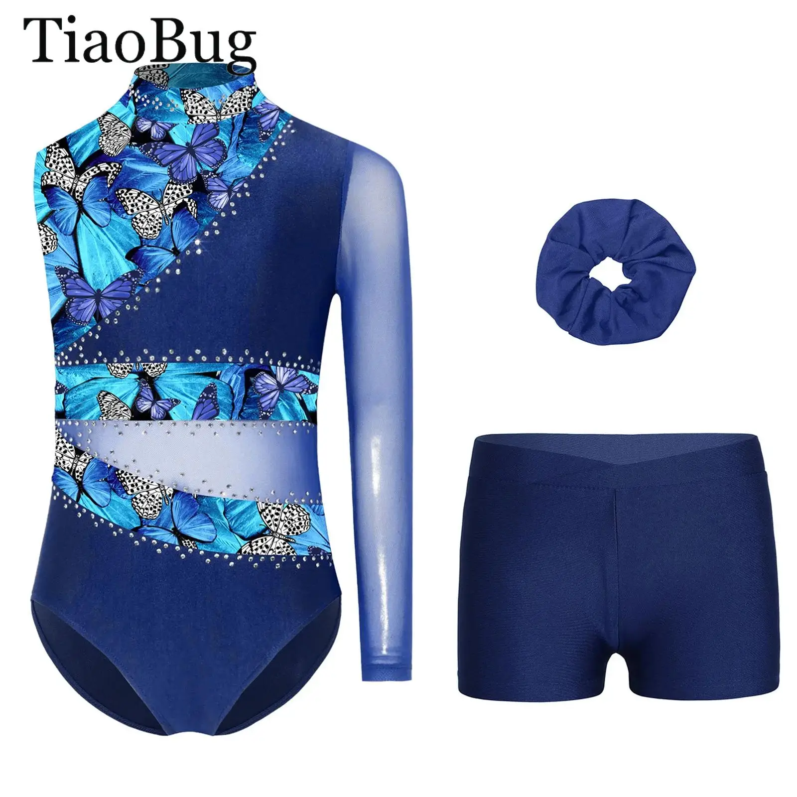 

Kids Girls Gymnastic Leotards Outfit Rhinestones Asymmetric Ballet Dance Unitard Bodysuit And Shorts Hairtie Workout Dancewear