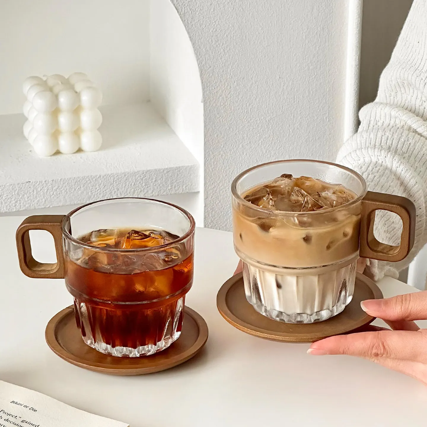 Vintage Wooden Handle Glass Cup Korean Simple Modern Style Summer Transparent Cups Bamboo Wood Cup Dish Spoon Three Pieces Set