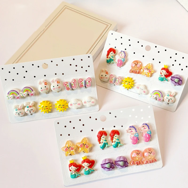 6PRS Gift for Children Non Piercing Girls Kids Earrings Mixed Cute Mermaid Rainbow Butterfly Clip on Earring