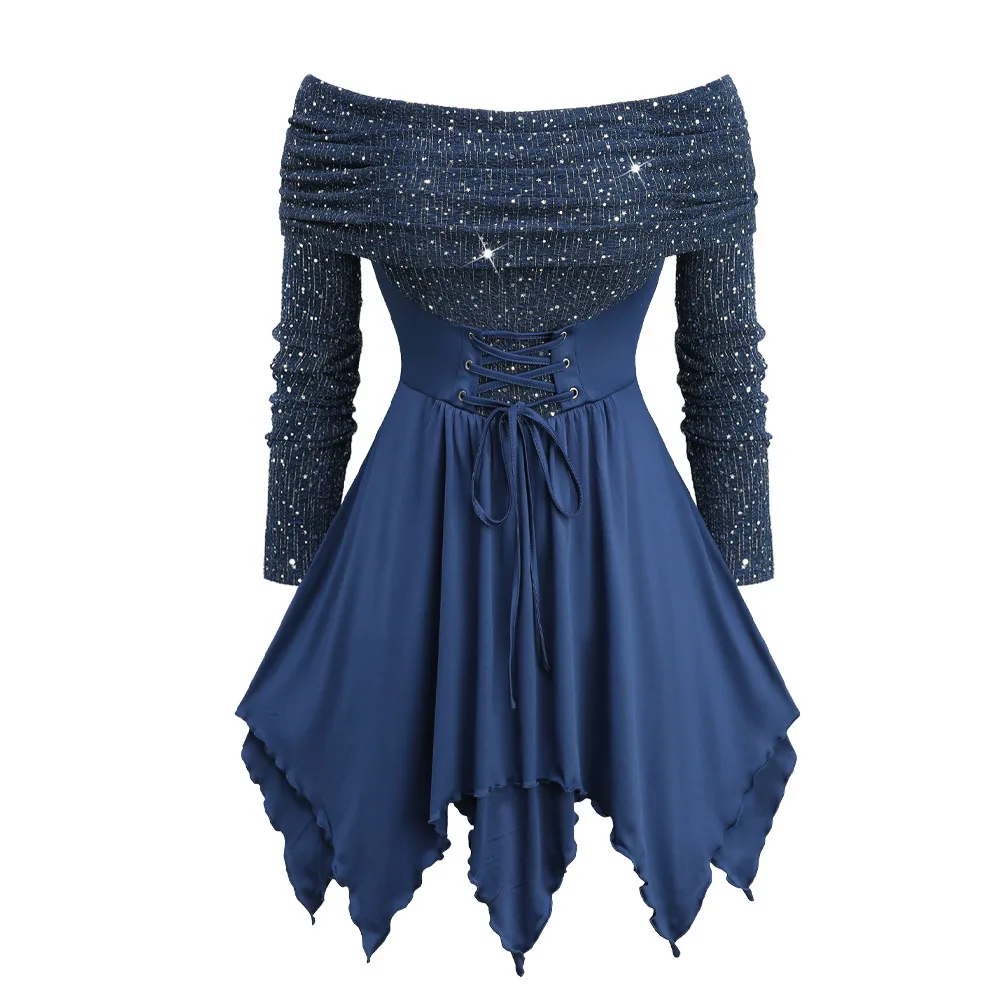 

ROSEGAL Plus Size Women's Off The Shoulder Ruched Tops Deep Blue Casual Lace Up Ruffles Asymmetrical Long Sleeves Blouse Costume