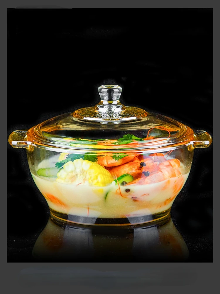 Large Glass Bowl Household Heat-resistant Instant Noodle Salad with Lid Crystal Pot Binaural Stock Pot Thickened Beautiful