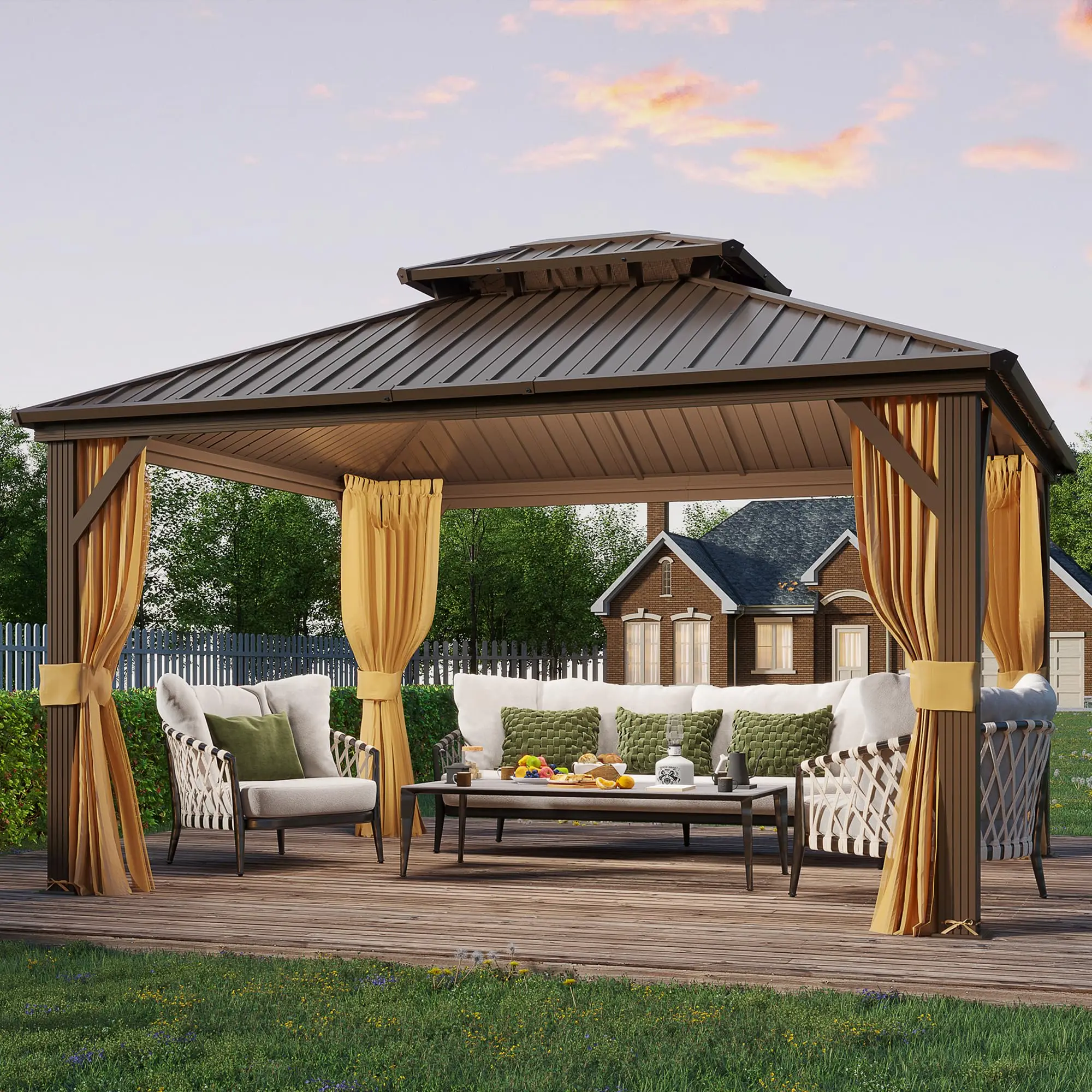 Custom Double Roof Waterproof Pavilion Aluminum Frame Outdoor Garden Hardtop Gazebo Tent With Curtains And Netting