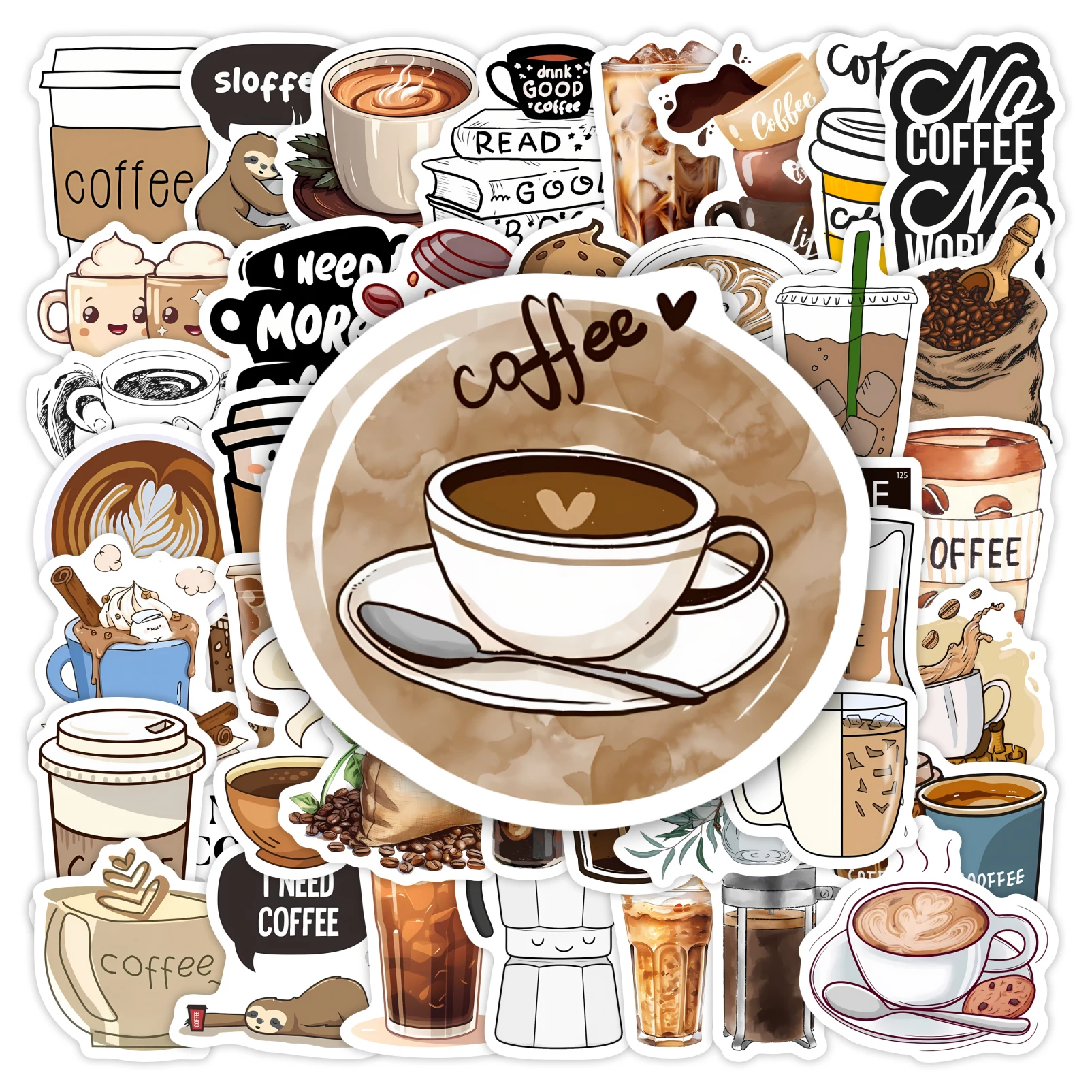 Watercolor Coffee Cafe Stickers Latte DIY Toy Gift Graffiti Waterproof Decal for Phones Laptops Scrapbooking Luggage Decorative