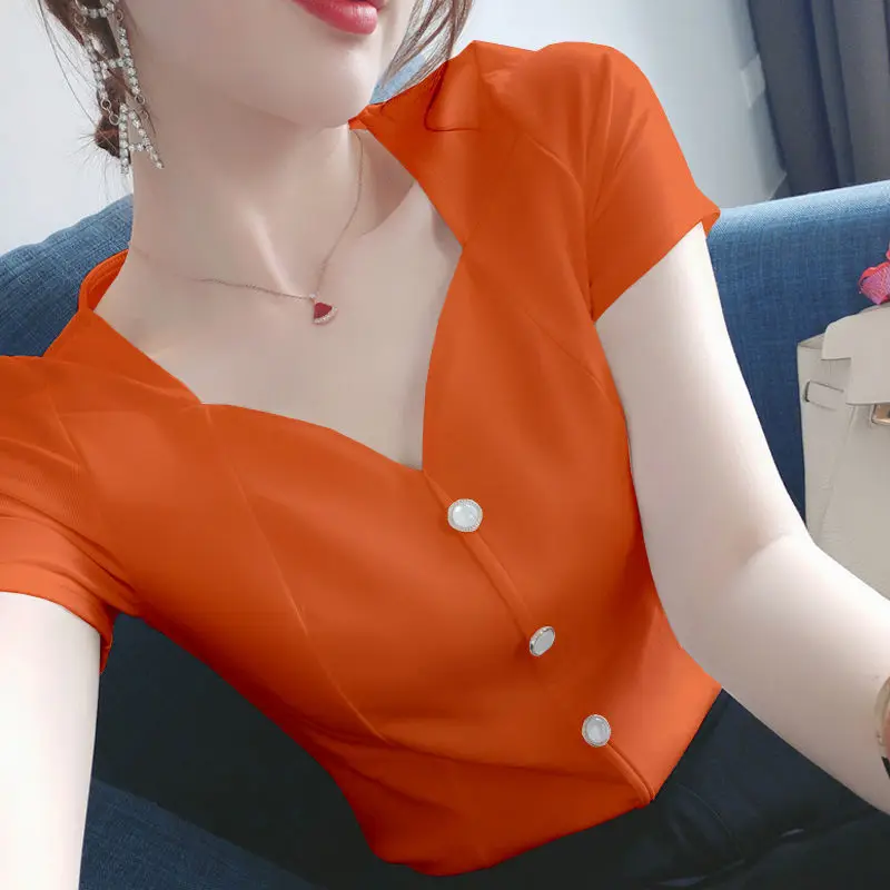 Elegant V-Neck Button Solid Color Blouse Female Clothing 2024 Summer New Commute Tops All-match Office Lady Shirt