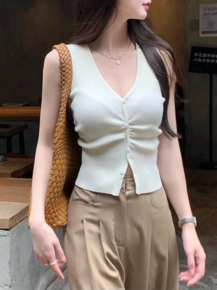 V-neck Tanks Women Summer Elegant Korean Style Office Lady Sleeveless Crop Tops Gentle Defined Hotsweet Pure Chic Daily Harajuku