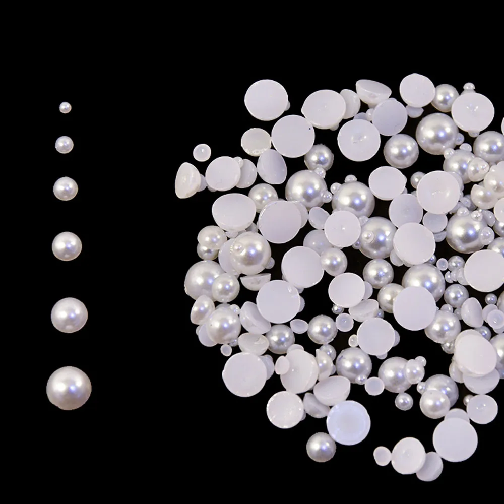 Cuentas de perlas blancas para decoración de manicura, abalorios de diamantes de imitación para uñas, 3D, medio redondo, tamaño mixto, Beige, Parte posterior plana, 500-1000 unids/lote por bolsa