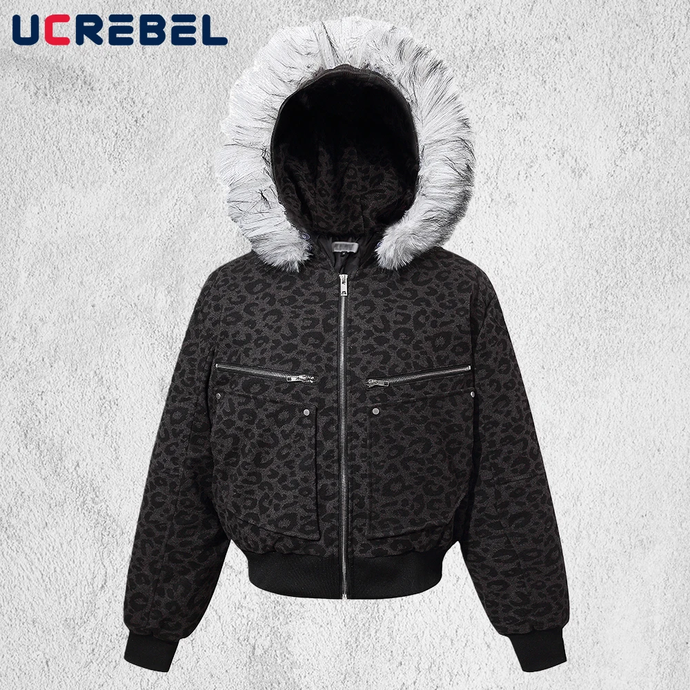 

Leopard Hooded Quilted Jacket Mens Zipper Decoration Retro High Street Winter Long Sleeve Fur Collar Thick Outerwear Man