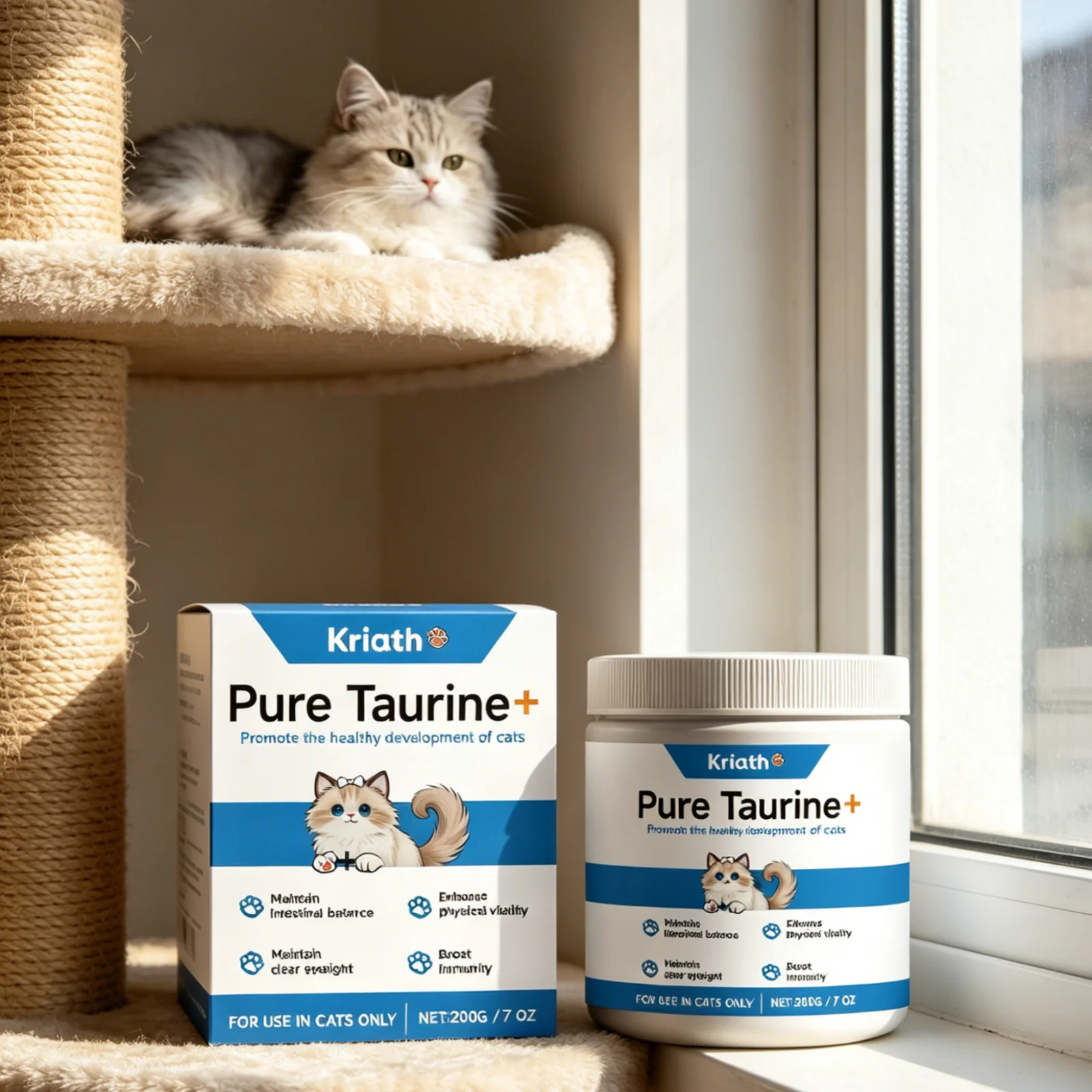 Kriath Taurina Pura en Polvo para Gatos, Suplemento Nutricional Diario para Mantener la Salud, Alimentación Conveniente, Suplemento de Taurina para Gatos 200g