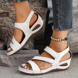 Black White Wedge Sandals for Women Summer 2024 Comfortable Non Slip Beach Shoes Woman PU Leather Platform Roman Sandalias Mujer