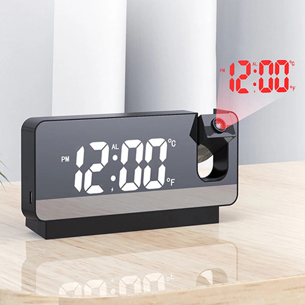 LED Digital Alarm Clock 180° Arm Projection Alarm Clock USB Charging Wake Up FM Radio Time Projector for Students Office Worker