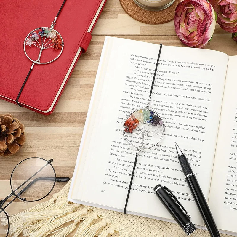 Top-Elastic Bookmark With 7 Chakra Tree Pendant Notebook Elastic Band Bookmarks Handmade Crystal Lucky Book Page Marker