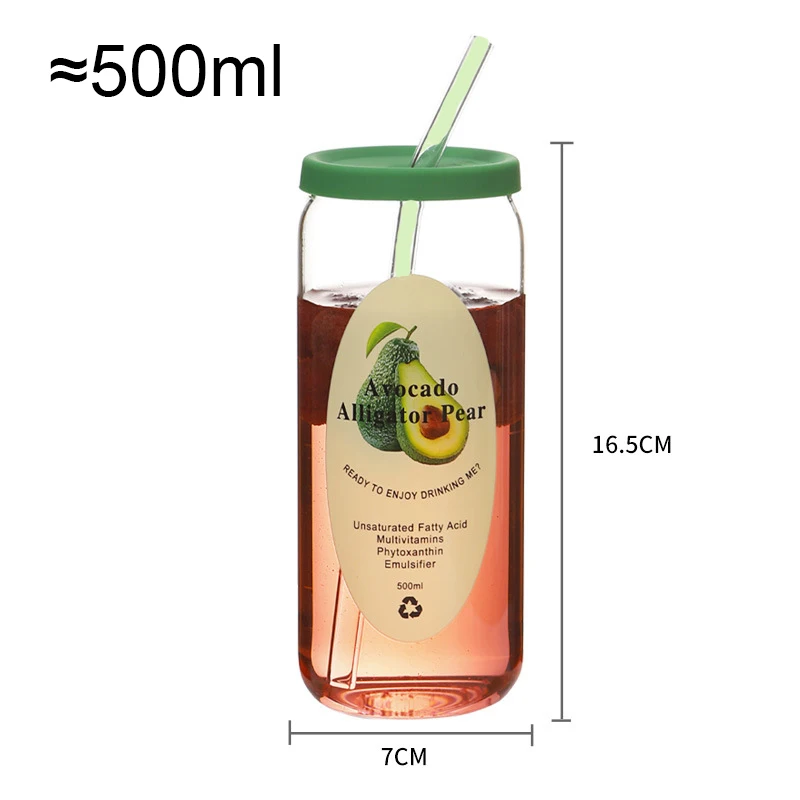 1/2/4pcs 500ml Glass Straw Cup Avocado Pattern Tumbler With Silicone Lid  Iced Coffee Cup Drinking Mug For Juice Milk Tea