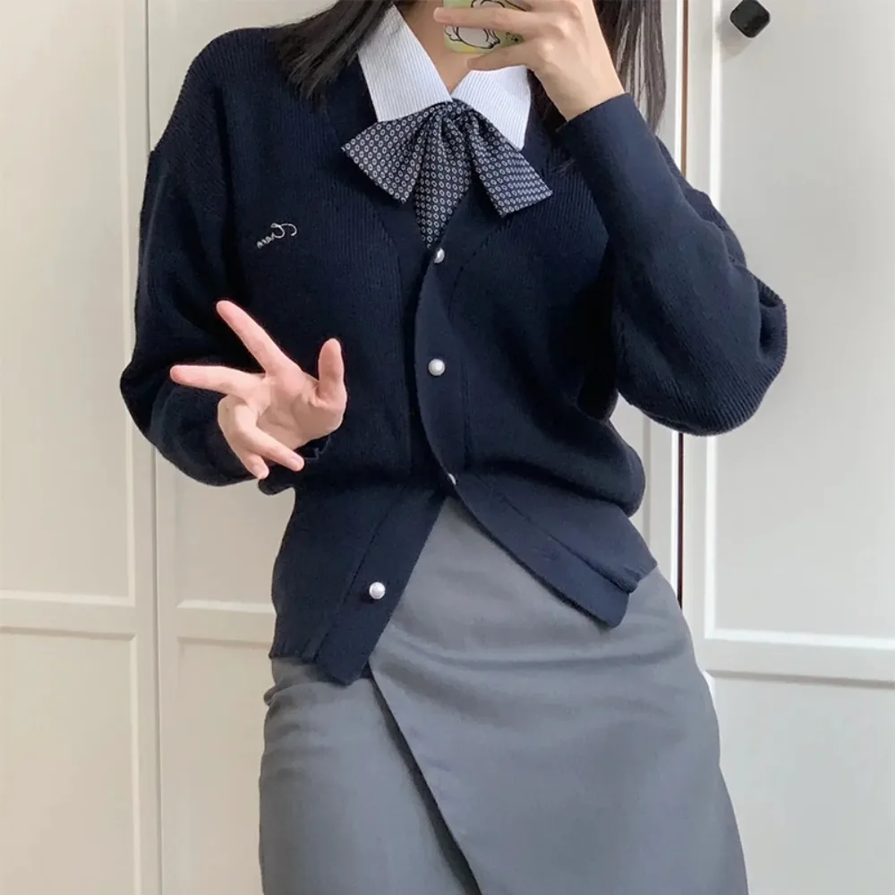 Youth style Autumn V Neck Knit Cardigan, Women Short JK Thin Coat Long Sleeve Outerwear, Fashion School Uniform for Daily Wear