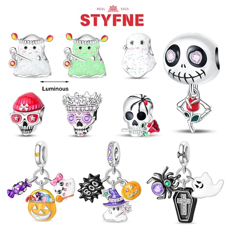 

S925 Silver Original New Halloween Series Luminous Skull Beads Fit Pandora Bracelet DIY 925 Charm for Women Jewelry Fine Gift