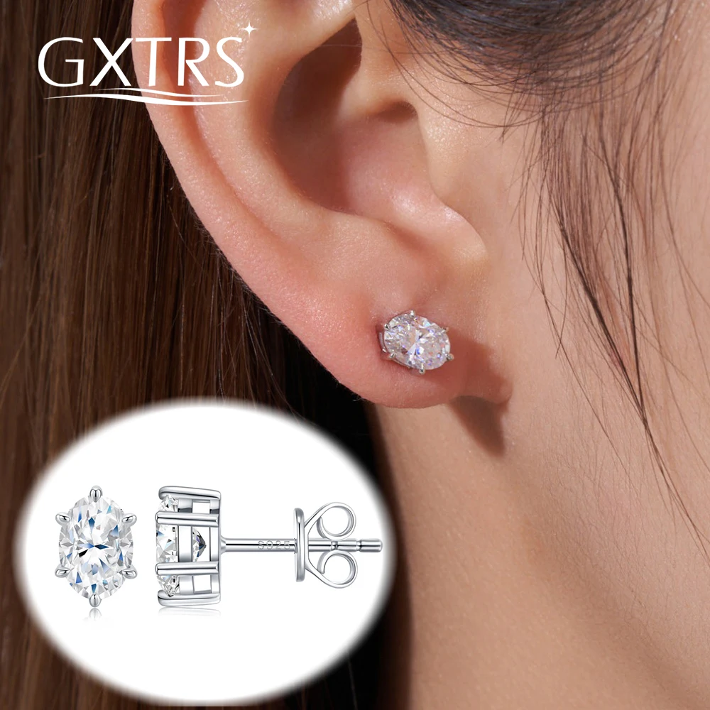 

GXTRS 1CT Oval Moissanite S925 Silver Stud Earrings For Women Sparkling Lab Diamond 6 Claws Ear Studs Wedding Fine Jewelry Gifts