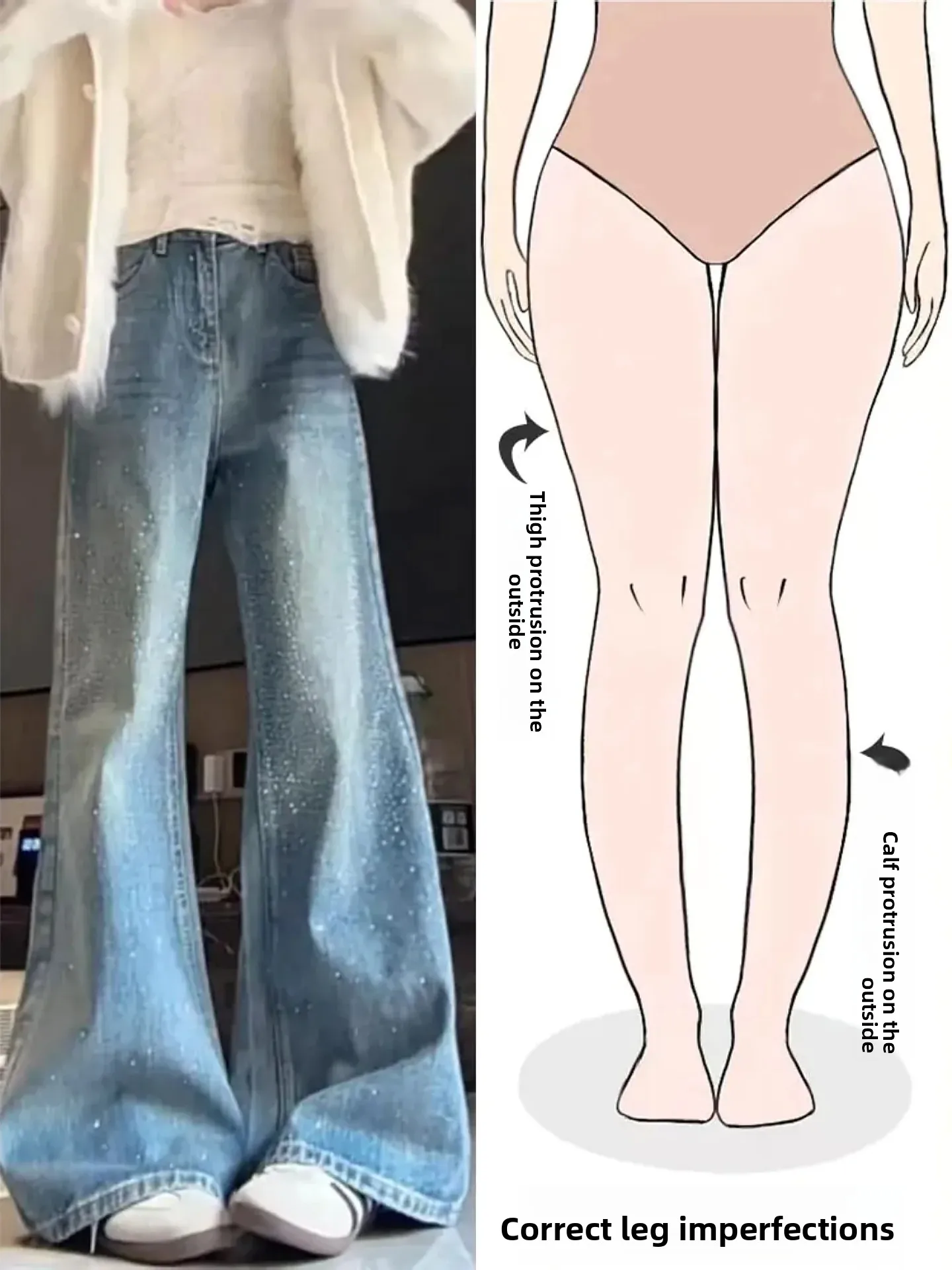 

Американские ретро-джинсы с высокой талией и расклешенными штанинами, женские, весенняя новинка, с блестящими стразами, универсальные, для фигуры типа «груша», прямого кроя