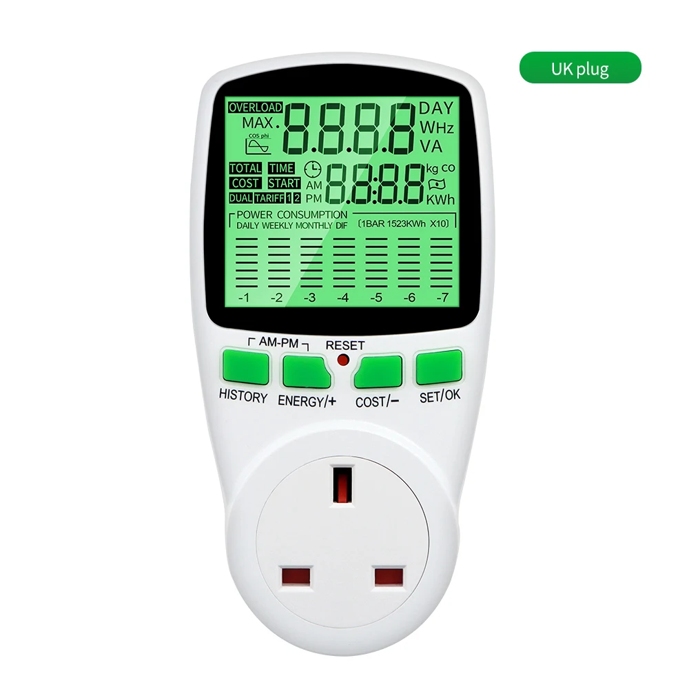 Digitaler Spannungs-Wattmeter, US/UK/EU-Steckdose, Energiezähler, Leistungsmesser für Wattzahl, kWh-Leistungsmesser mit Hintergrundbeleuchtung – Detail 15