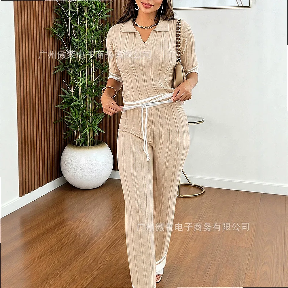 Color Block Ribbed Knit Matching Set Women Polo Short Sleeve Top Drawstring Wide Leg Pants 2 Piece Outfits Tracksuit