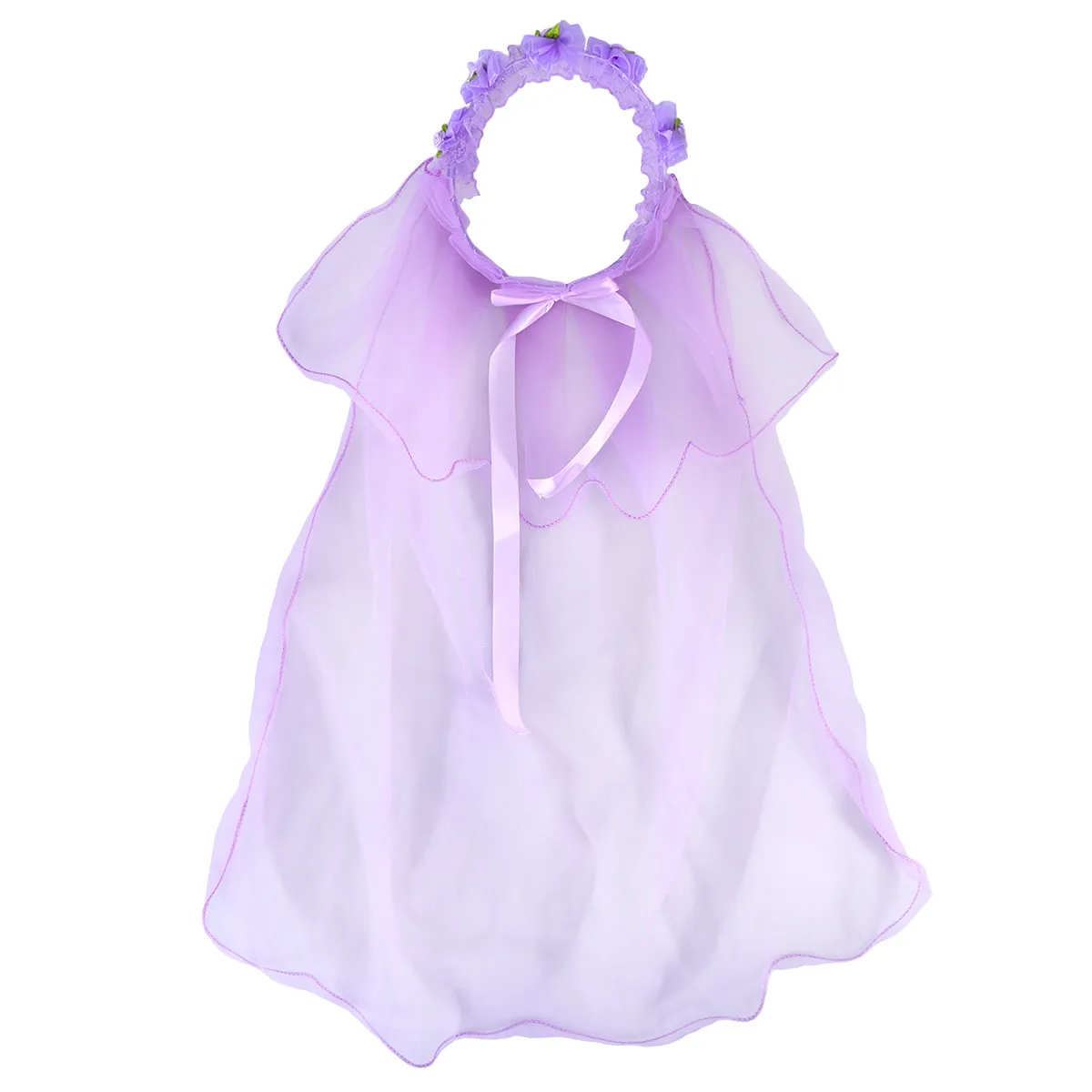 Long Tulle Purple Lace Wedding Veil Two Layer Wreath Headband for Kids Girl First Communion Birthday Party Event